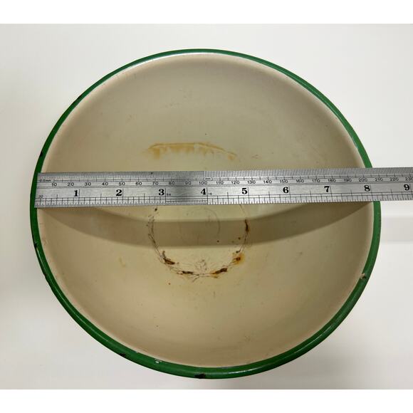 Cream And Green Emamelware, Pie Plate + Mixing Bowl Set Midcentury Farm Kitchen - Picture 6 of 8